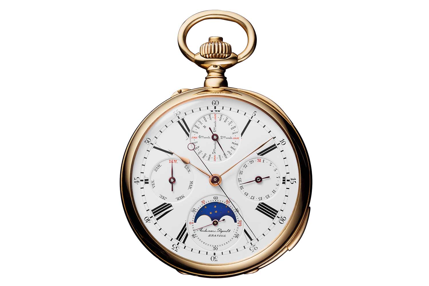 Jules Louis Audemars’ school watch, which combined a perpetual calendar with a quarter repeating mechanism and a deadbeat second, was completed in its first incarnation prior to 1875, and transformed in the workshops over the following two decades