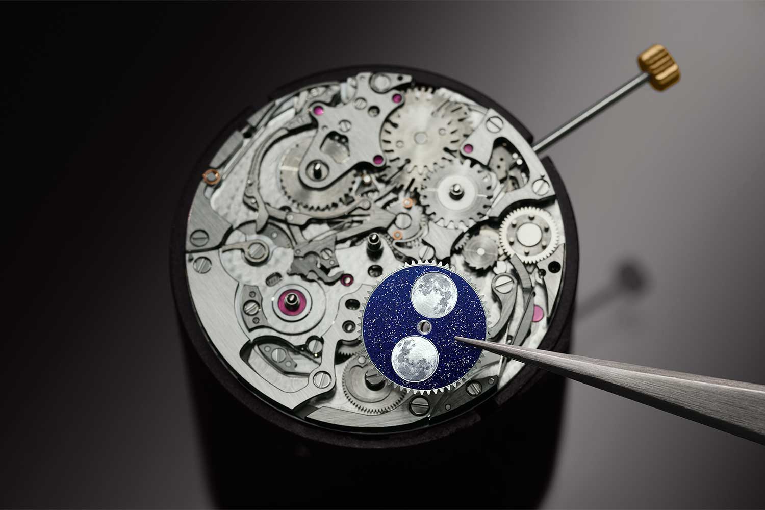 The perpetual calendar mechanism in Caliber 7138. One neat feature is the all-in- one crown which allows for all corrections to be easily made by the wearer